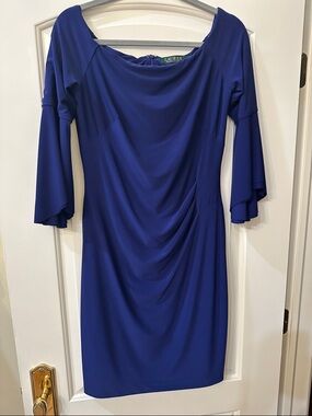 Lauren Ralph Lauren Cobalt Blue Draped Midi Dress with Flared Sleeves